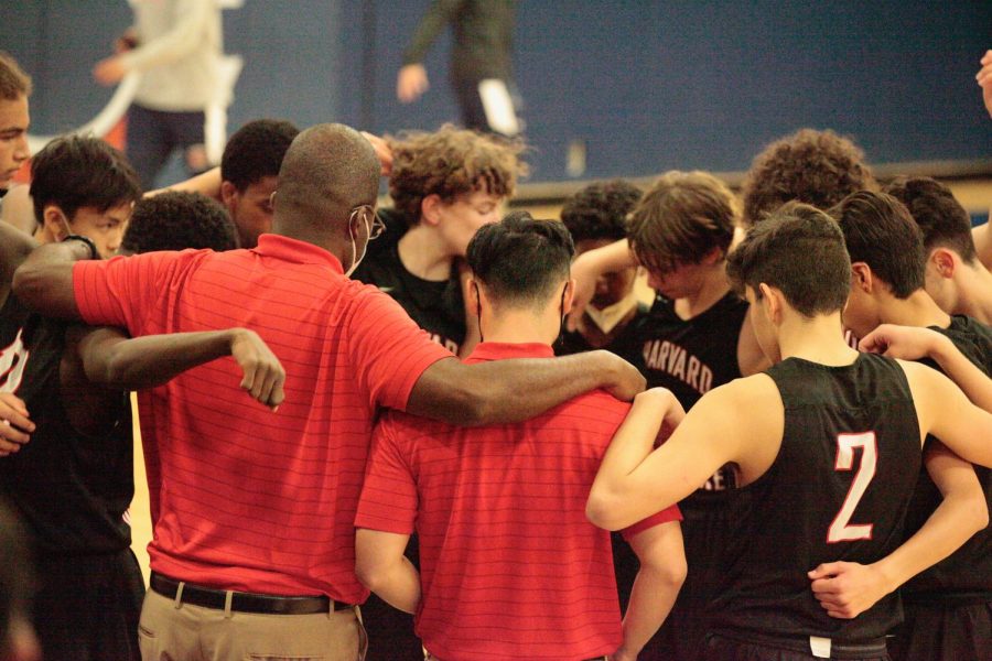 Harvard-Westlakes freshman basketball team in a huddle during halftime of their final game of the season against Chaminade on Wednesday, Feb. 2.