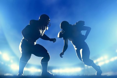 American football players in game, quarterback running. Night stadium lights