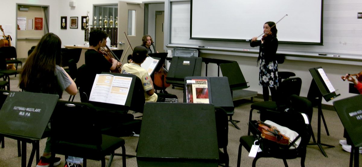 Music teacher Neli Nikolaeva conducts her Beginning Strings class. This is the first year Beginning Strings has been offered to all three grades in the middle school.
