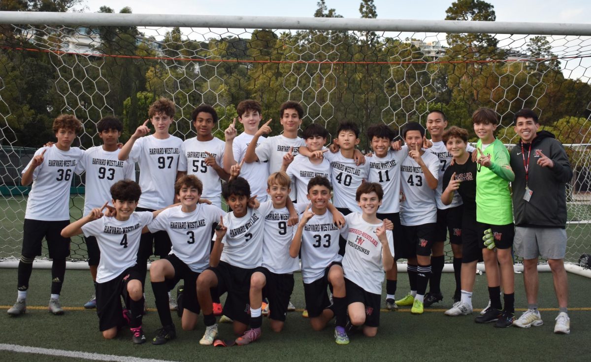 Boys A team posing in front of the goal after winning the Delphic league championship.