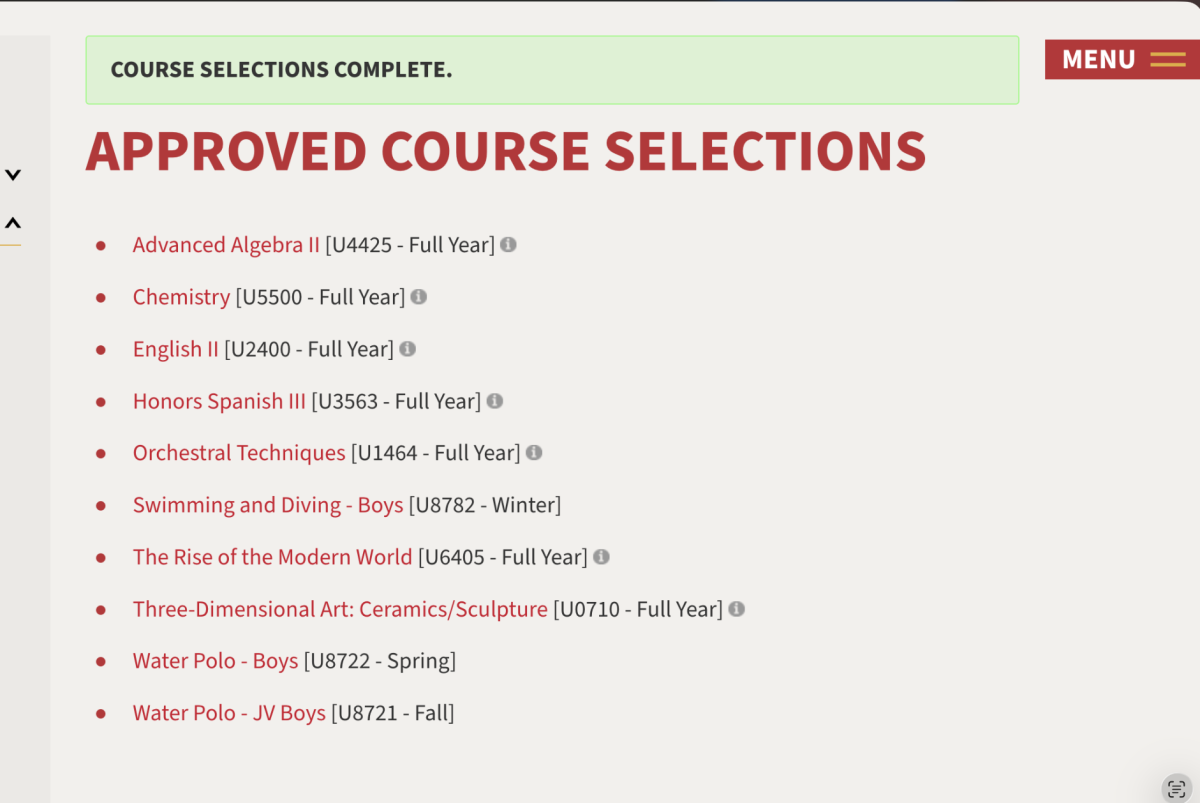 Sample page of 9th grade course selections